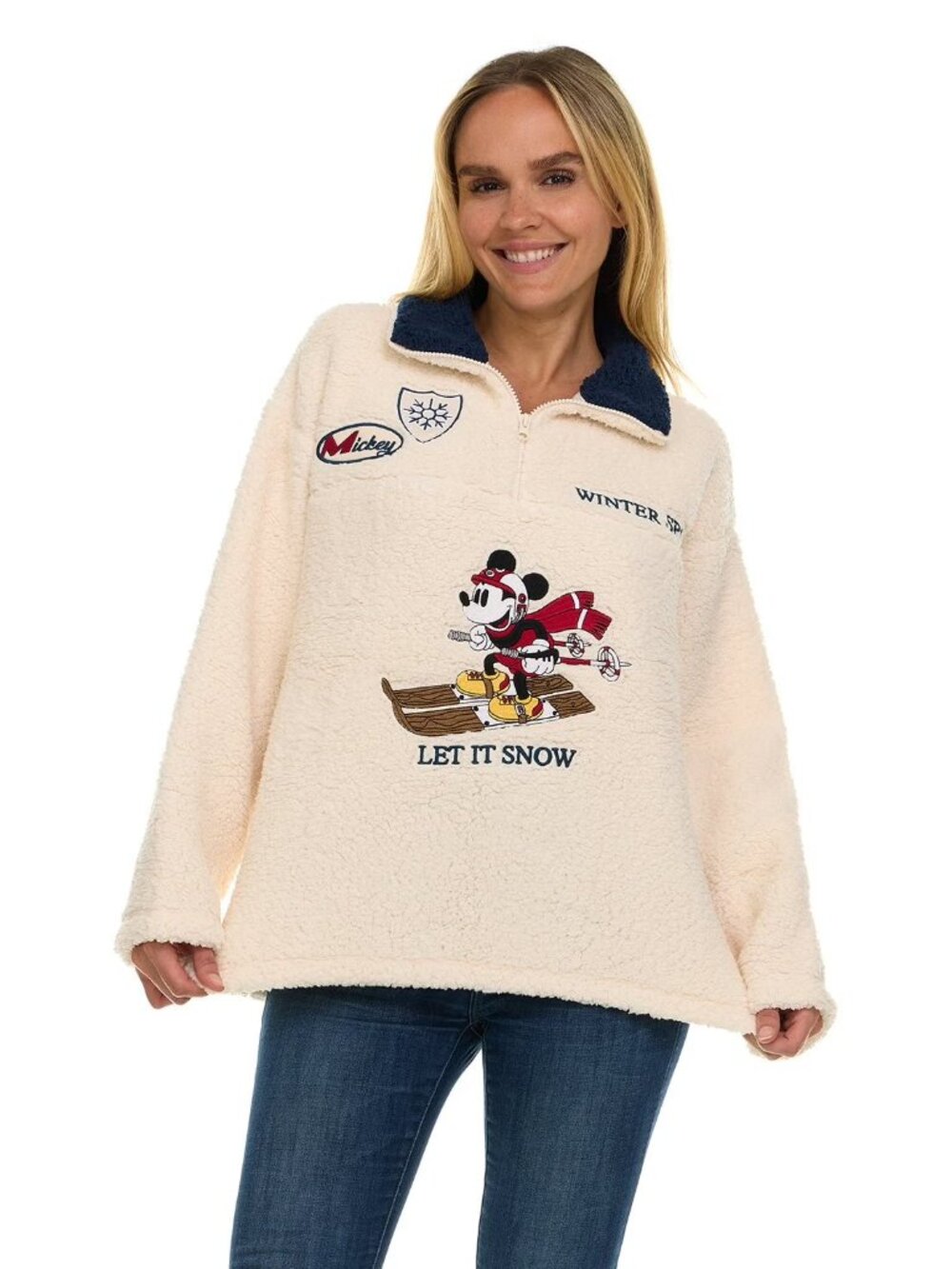Disney Sz XL Cream‎ Mickey Mouse Character Teddy Sherpa Quarter-Zip Pullover